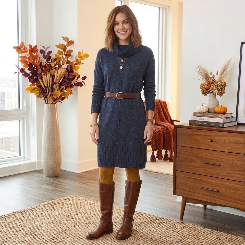Liz Claiborne Cowl Neck Speckled Knit Sweater Dress Navy Blue Large Women